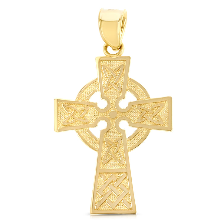 14K Gold Celtic Cross Pendant with 1.5mm Flat Open Wheat Chain