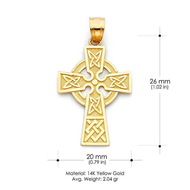 14K Gold Celtic Cross Pendant with 1.5mm Flat Open Wheat Chain