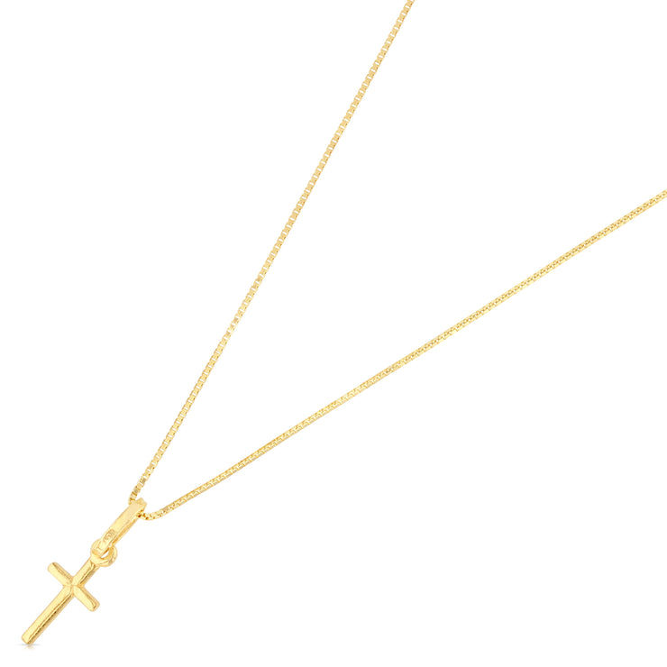 14K Gold Plain Cross Religious Charm Pendant with 0.8mm Box Chain Necklace