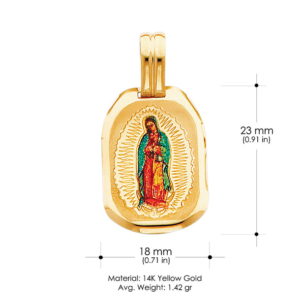 14K Gold Guadalupe Enamel Pendant with 1.2mm Flat Open Wheat Chain