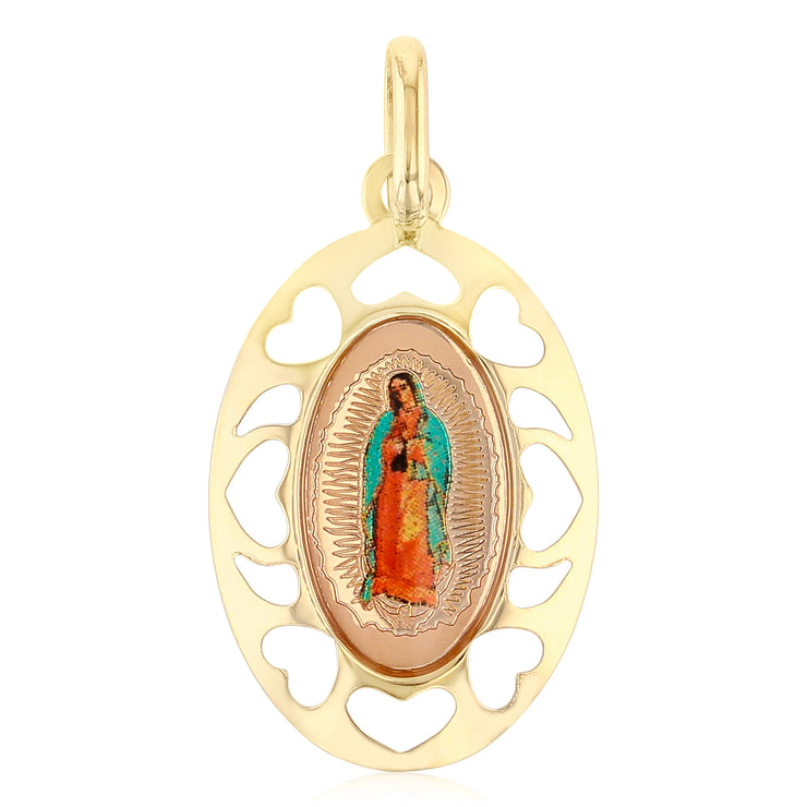 14K Gold Guadalupe Enamel Charm Pendant with 1.1mm Wheat Chain Necklace