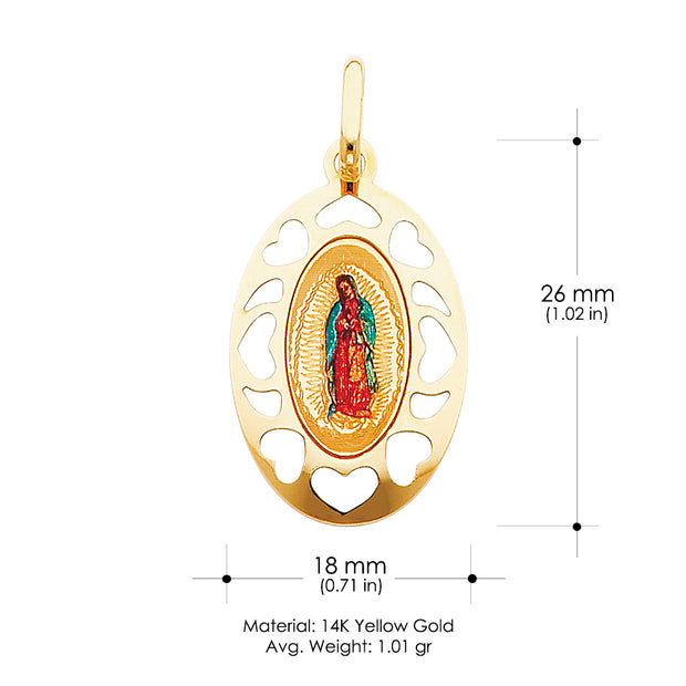 14K Gold Guadalupe Enamel Pendant with 2mm Figaro 3+1 Chain