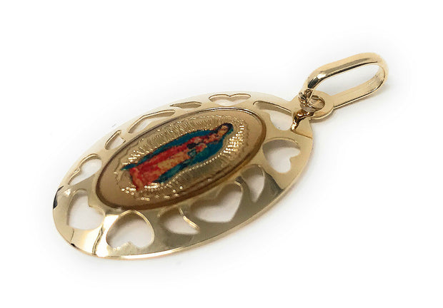 14K Gold Guadalupe Enamel Pendant with 2mm Figaro 3+1 Chain