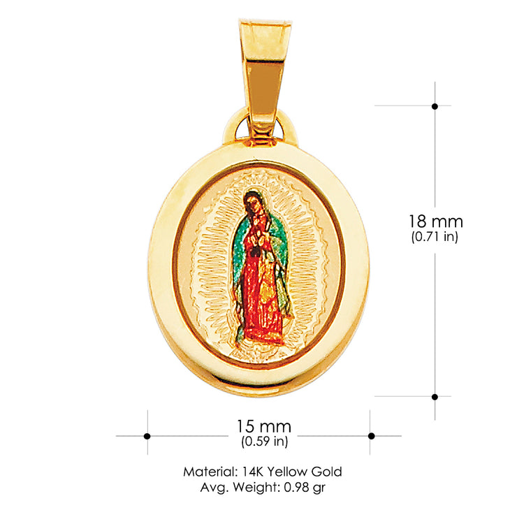 14K Gold Guadalupe Enamel Charm Pendant with 0.9mm Wheat Chain Necklace