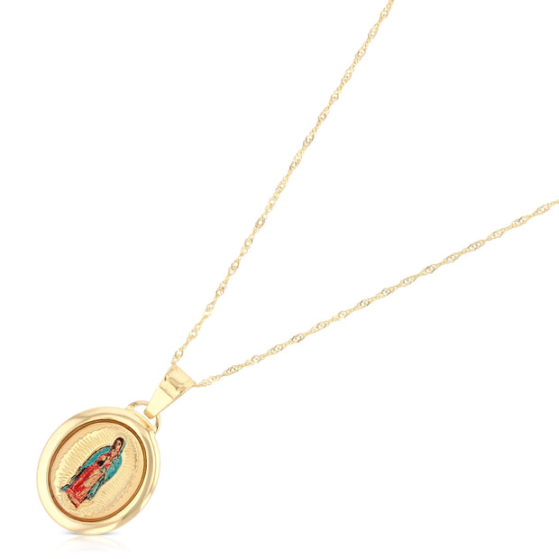 14K Gold Guadalupe Enamel Pendant with 0.9mm Singapore Chain