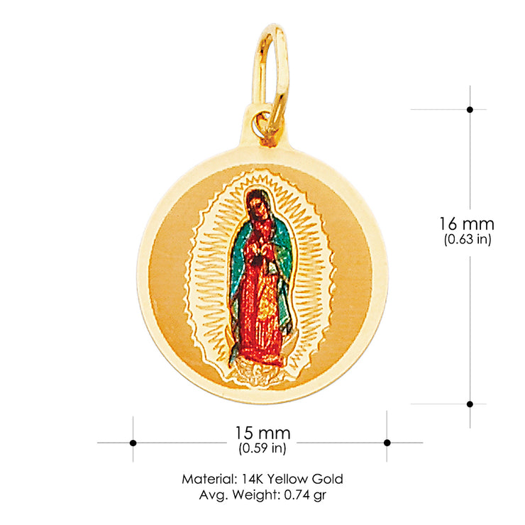 14K Gold Guadalupe Enamel Charm Pendant with 0.9mm Wheat Chain Necklace