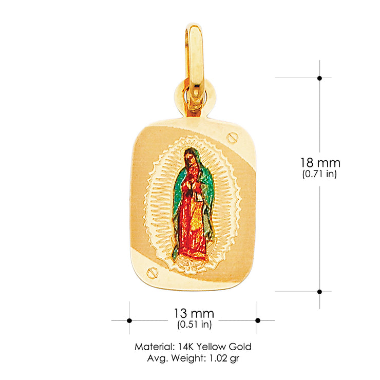 14K Gold Guadalupe Enamel Charm Pendant with 0.9mm Wheat Chain Necklace