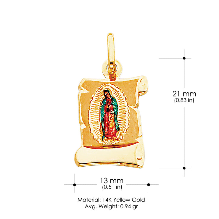 14K Gold Guadalupe Enamel Religious Charm Pendant with 0.8mm Box Chain Necklace