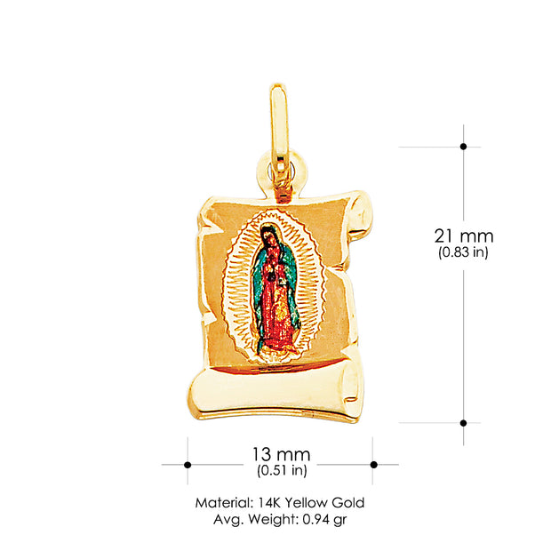 14K Gold Guadalupe Enamel Pendant with 2mm Figaro 3+1 Chain