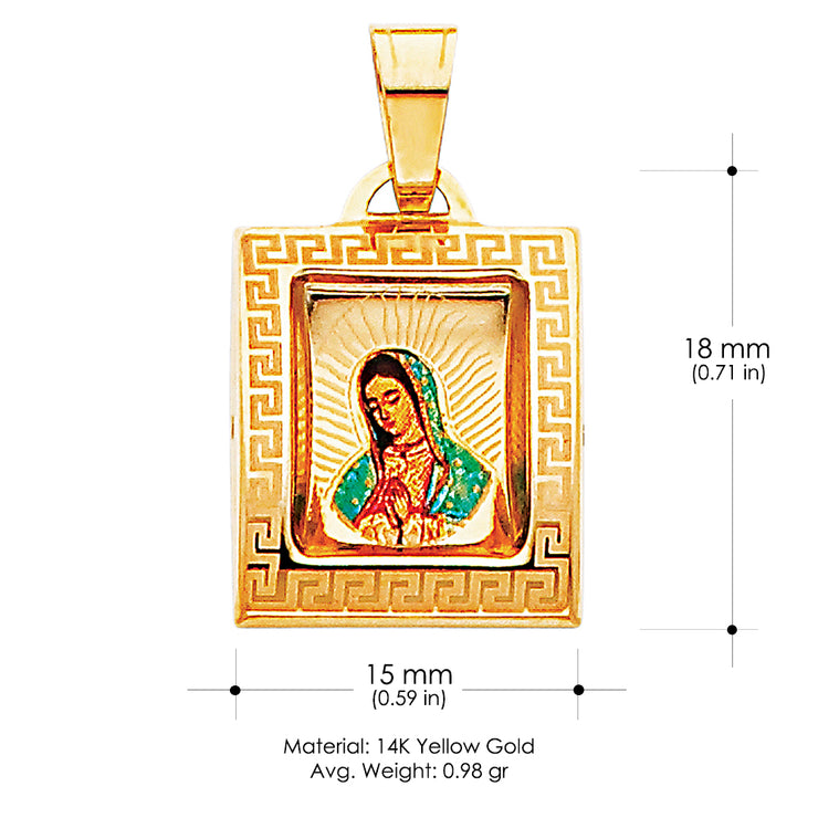 14K Gold Guadalupe Enamel Pendant with 1.2mm Flat Open Wheat Chain