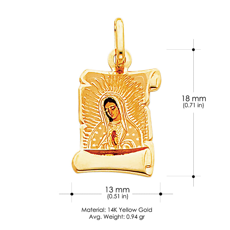 14K Gold Guadalupe Enamel Charm Pendant with 0.9mm Wheat Chain Necklace