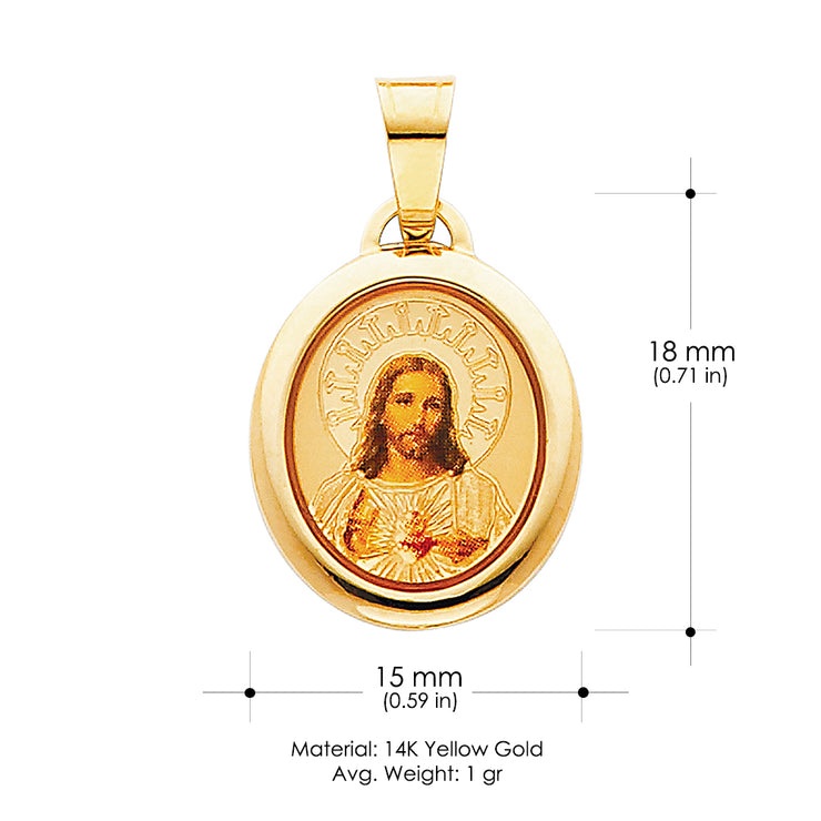 14K Gold Jesus Heart Enamel Pendant with 1.2mm Flat Open Wheat Chain