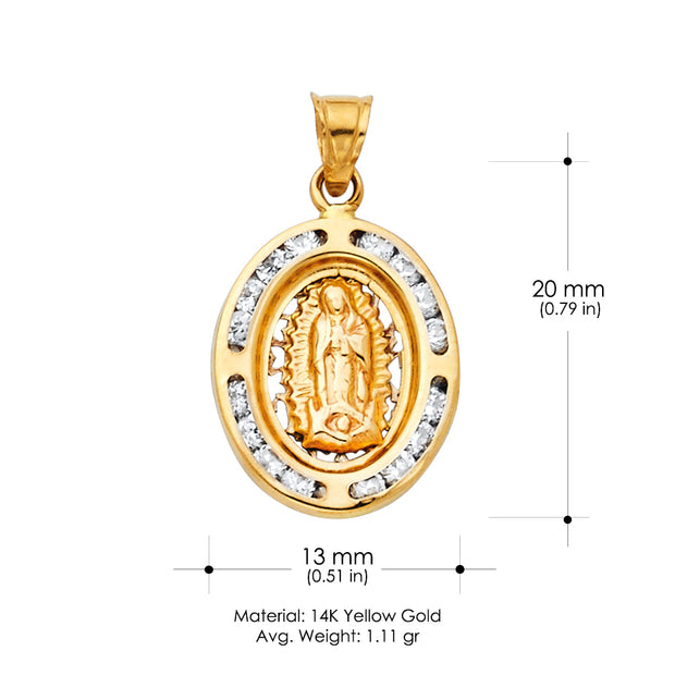 14K Gold Guadalupe CZ Pendant with 2mm Figaro 3+1 Chain