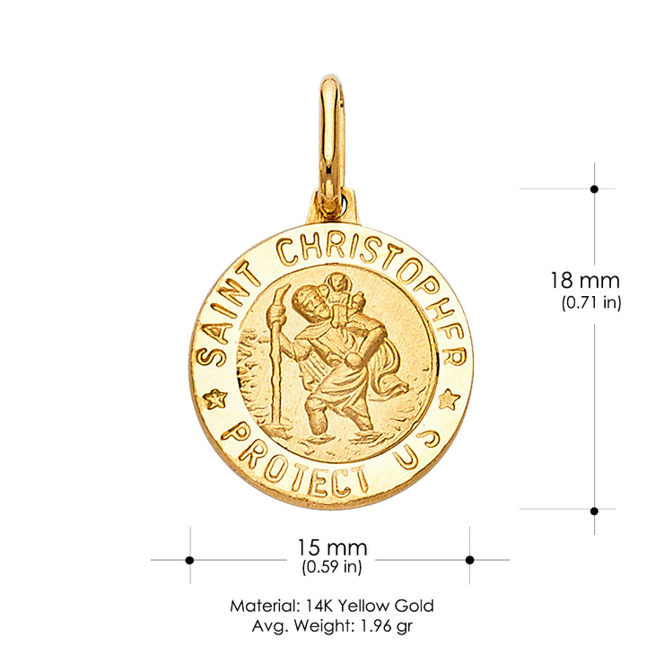 14K Gold St. Christopher Protect Us Charm Pendant with 1.1mm Wheat Chain Necklace