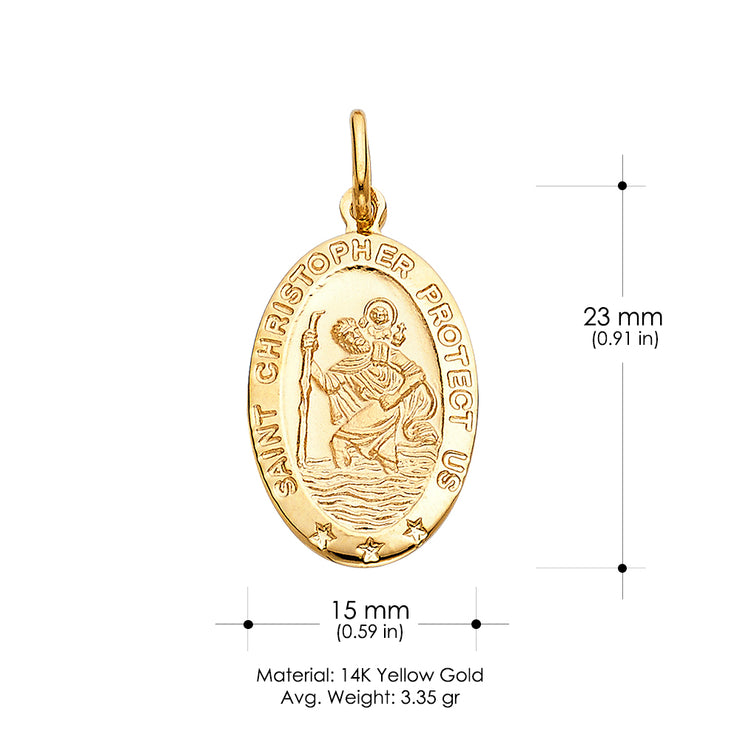 14K Gold St. Christopher Protect Us Pendant with 2.3mm Figaro 3+1 Chain