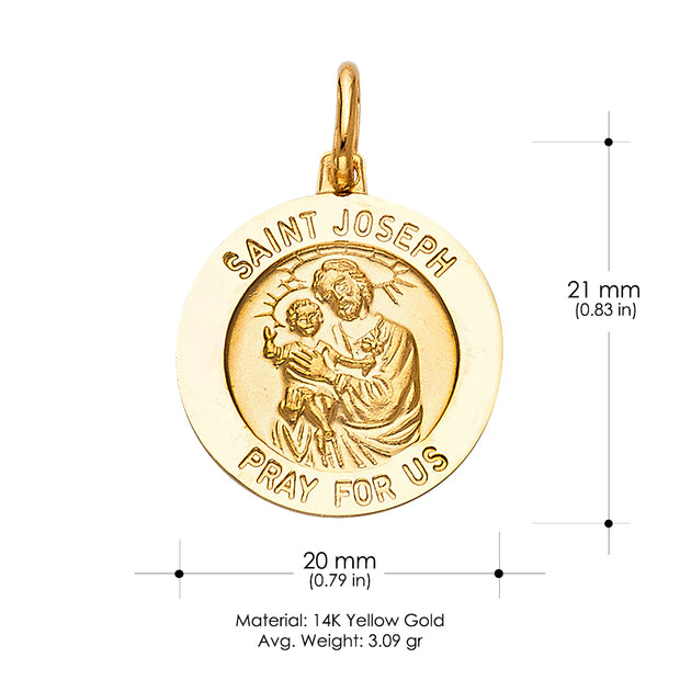 14K Gold St. Joseph Pray For Us Pendant with 1.5mm Flat Open Wheat Chain