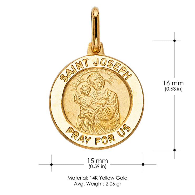 14K Gold St. Joseph Pray For Us Pendant with 1.2mm Flat Open Wheat Chain