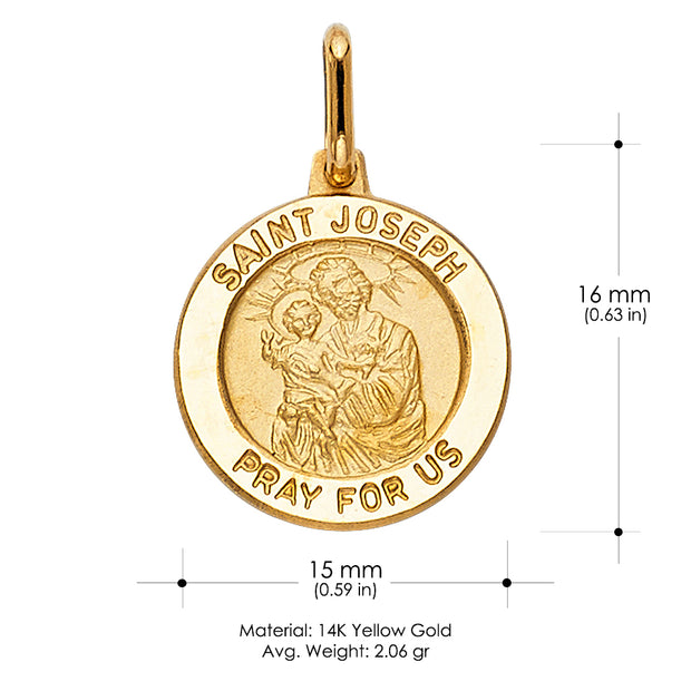 14K Gold St. Joseph Pray For Us Pendant with 2mm Figaro 3+1 Chain