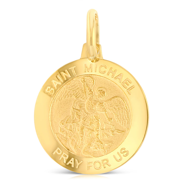 14K Gold St. Michael Pray For Us Pendant with 1.2mm Flat Open Wheat Chain