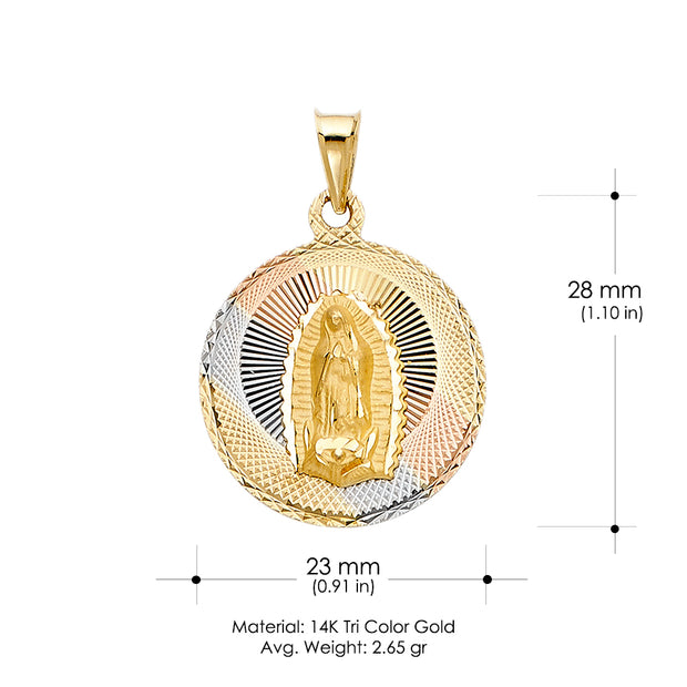 14K Gold Diamond Cut Guadalupe Stamp Charm Pendant with 1.4mm Round Wheat Chain Necklace