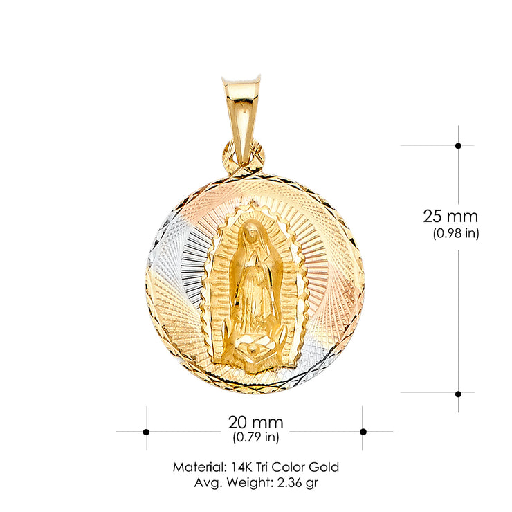 14K Gold Guadalupe Stamp Pendant with 2.3mm Figaro 3+1 Chain