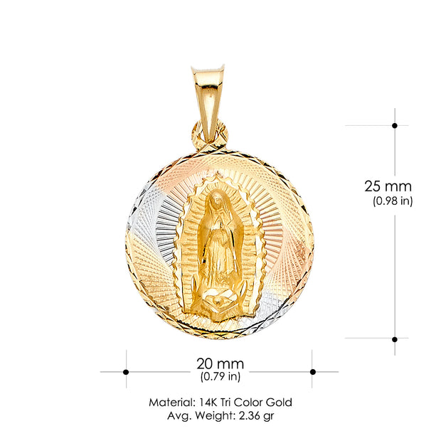 14K Gold Diamond Cut Guadalupe Stamp Religious Charm Pendant with 1.2mm Box Chain Necklace