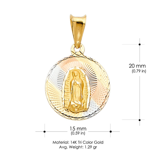 14K Gold Guadalupe Stamp Pendant with 2mm Figaro 3+1 Chain