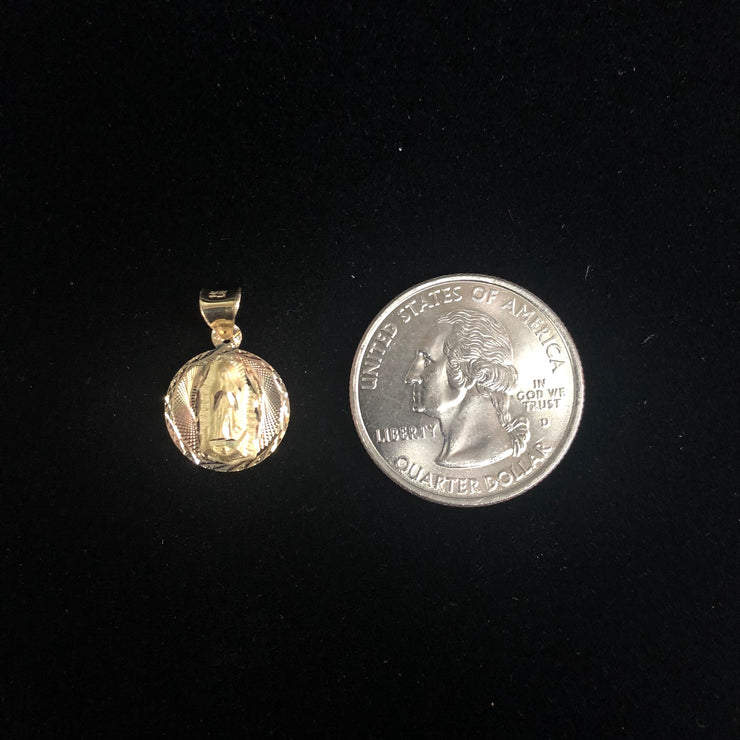 14K Gold Guadalupe Stamp Pendant with 2mm Hollow Cuban Bevel Chain