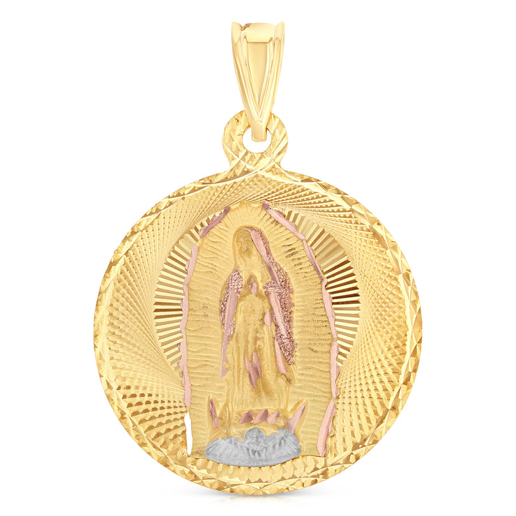 14K Gold Diamond Cut Guadalupe Stamp Religious Charm Pendant with 1.2mm Box Chain Necklace