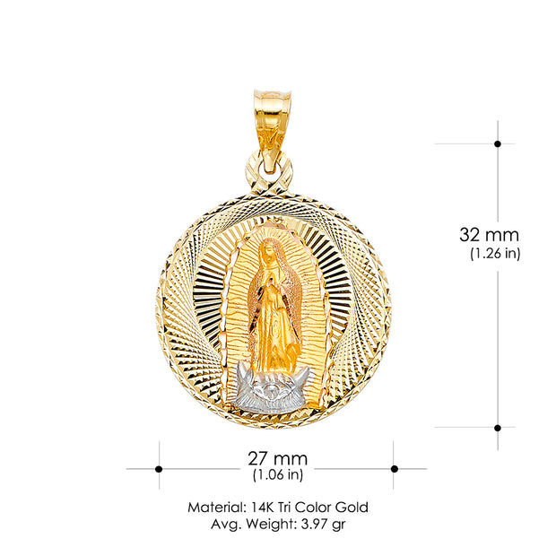 14K Gold Guadalupe Stamp Pendant with 3.1mm Figaro 3+1 Chain