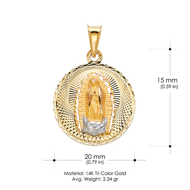 14K Gold Guadalupe Stamp Pendant with 2.3mm Figaro 3+1 Chain