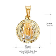 14K Gold Diamond Cut Guadalupe Stamp Religious Charm Pendant with 0.8mm Box Chain Necklace