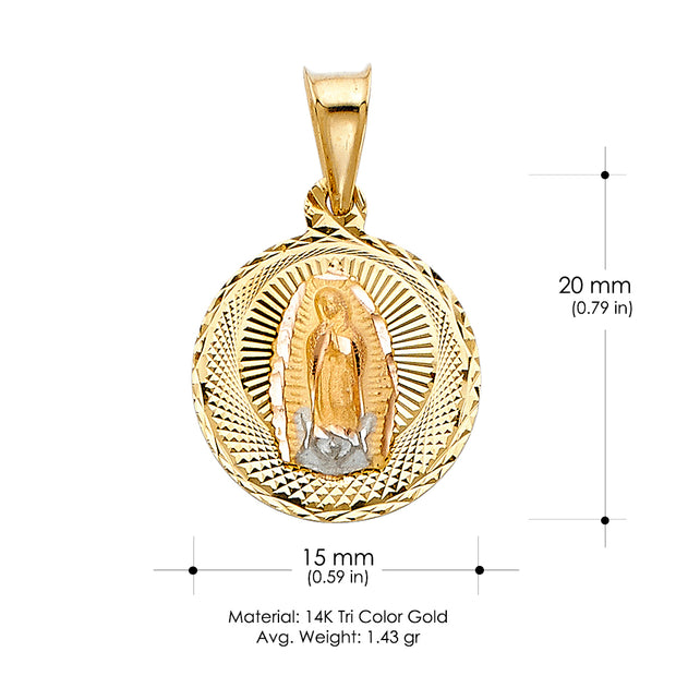 14K Gold Diamond Cut Guadalupe Stamp Religious Charm Pendant with 0.8mm Box Chain Necklace