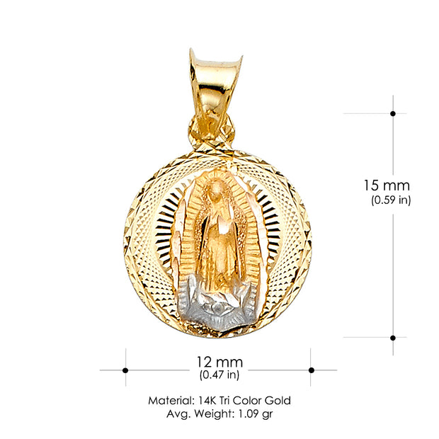 14K Gold Diamond Cut Guadalupe Stamp Charm Pendant with 0.9mm Wheat Chain Necklace