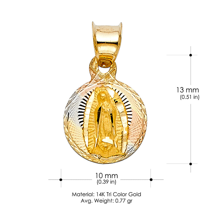 14K Gold Diamond Cut Guadalupe Stamp Charm Pendant with 0.9mm Wheat Chain Necklace