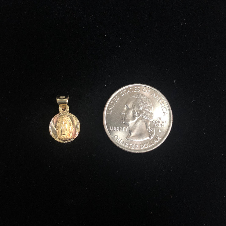 14K Gold Guadalupe Stamp Pendant with 1.6mm Figaro 3+1 Chain