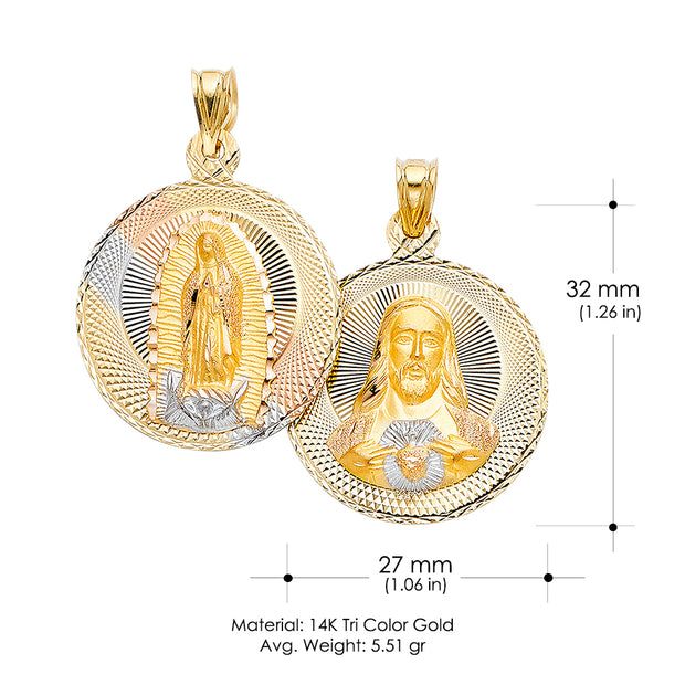 14K Gold Double Side Stamp Virgin Mary & Jesus Pendant with 3.4mm Hollow Cuban Chain