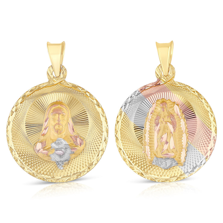 14K Gold Diamond Cut Double Side Stamp Virgin Mary & Jesus Religious Charm Pendant with 1.2mm Box Chain Necklace