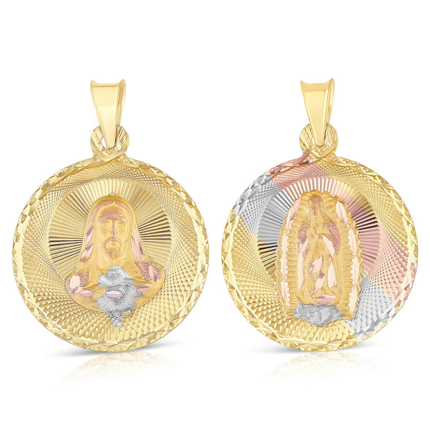 14K Gold Double Side Stamp Virgin Mary & Jesus Pendant with 3.1mm Figaro 3+1 Chain