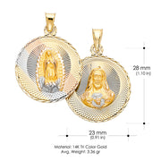 14K Gold Double Side Stamp Virgin Mary & Jesus Pendant with 3.1mm Figaro 3+1 Chain