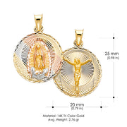 14K Gold Diamond Cut Double Side Stamp Virgin Mary & Jesus Religious Charm Pendant with 1.2mm Box Chain Necklace