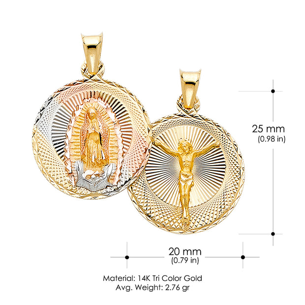 14K Gold Diamond Cut Double Side Stamp Virgin Mary & Jesus Religious Charm Pendant with 1.2mm Box Chain Necklace