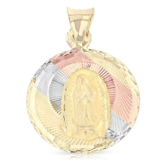 14K Gold Double Side Stamp Virgin Mary & Jesus Pendant with 2.3mm Figaro 3+1 Chain