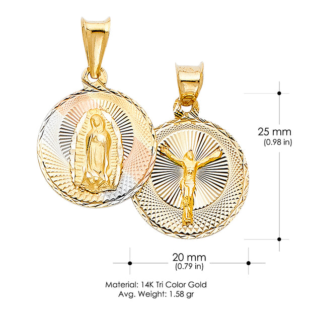 14K Gold Double Side Stamp Virgin Mary & Jesus Pendant with 2.3mm Figaro 3+1 Chain