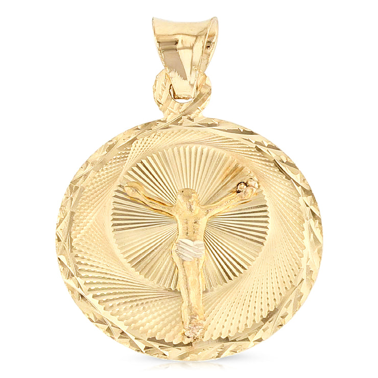 14K Gold Diamond Cut Double Side Stamp Virgin Mary & Jesus Religious Charm Pendant with 0.8mm Box Chain Necklace