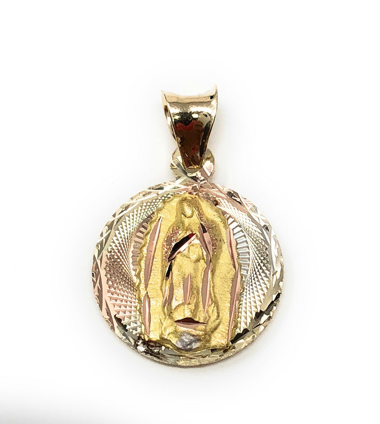 14K Gold Double Side Stamp Virgin Mary Baptism Pendant with 2mm Hollow Cuban Bevel Chain