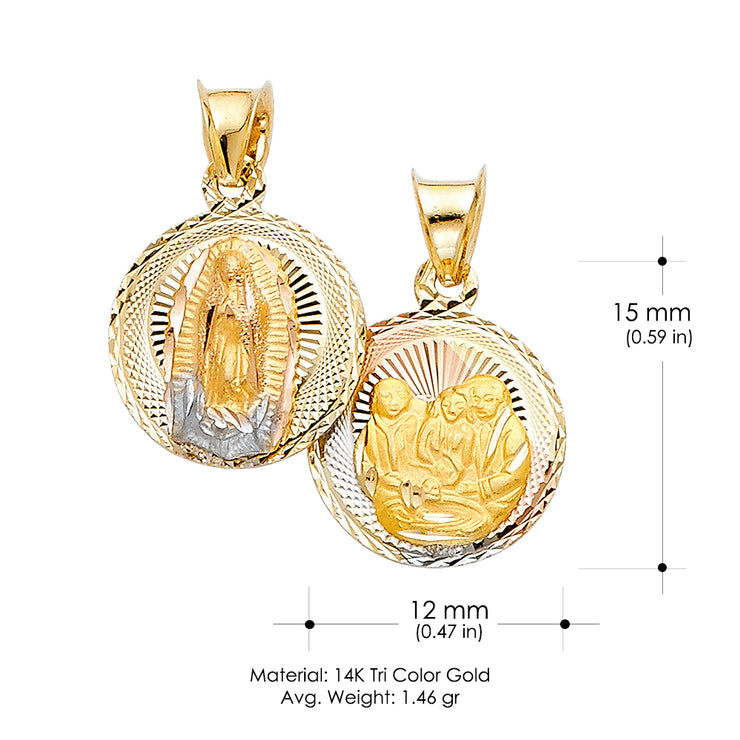 14K Gold Double Side Stamp Virgin Mary Baptism Pendant with 2mm Figaro 3+1 Chain