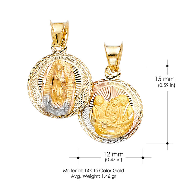 14K Gold Double Side Stamp Virgin Mary Baptism Pendant with 2mm Hollow Cuban Bevel Chain