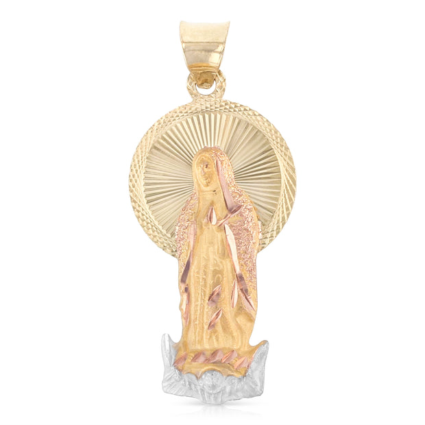 14K Gold Guadalupe Stamp Pendant with 2mm Figaro 3+1 Chain