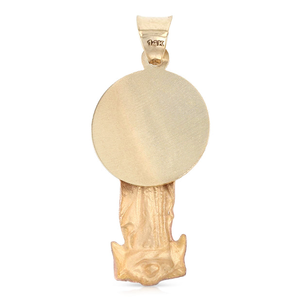 14K Gold Guadalupe Stamp Pendant with 2mm Figaro 3+1 Chain